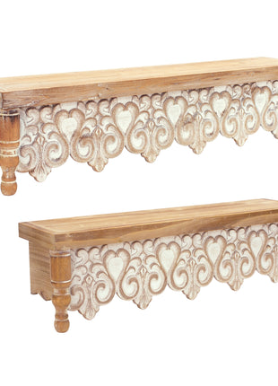 30" Set of Two Brown With Whitewash Solid Wood Wall Mounted Floating Shelves-2