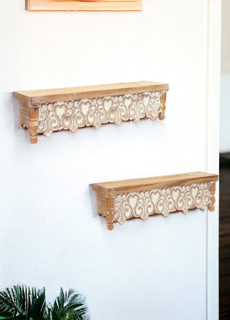 30" Set of Two Brown With Whitewash Solid Wood Wall Mounted Floating Shelves-0
