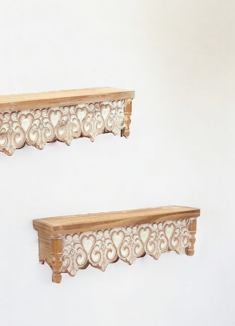 30" Set of Two Brown With Whitewash Solid Wood Wall Mounted Floating Shelves-1